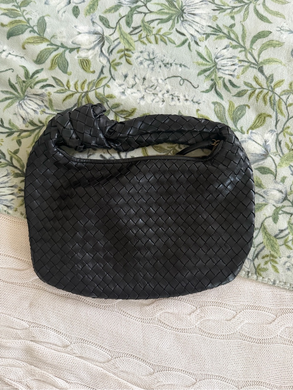 Woven genuine Leather Hobo Bag - Black